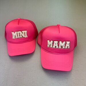 Mama Mini Matching Pink Mesh Trucker Hat Set Rhinestone Glitter Sparkle